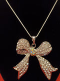 Silver Bow with Clear Rhinestone Necklace